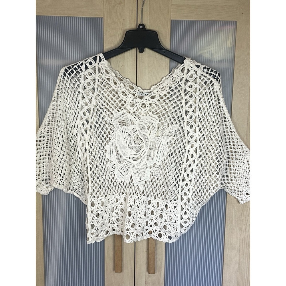 Haute Monde M White Lace Crochet Top Womens Victorian Batwing Kimono Boho Blouse